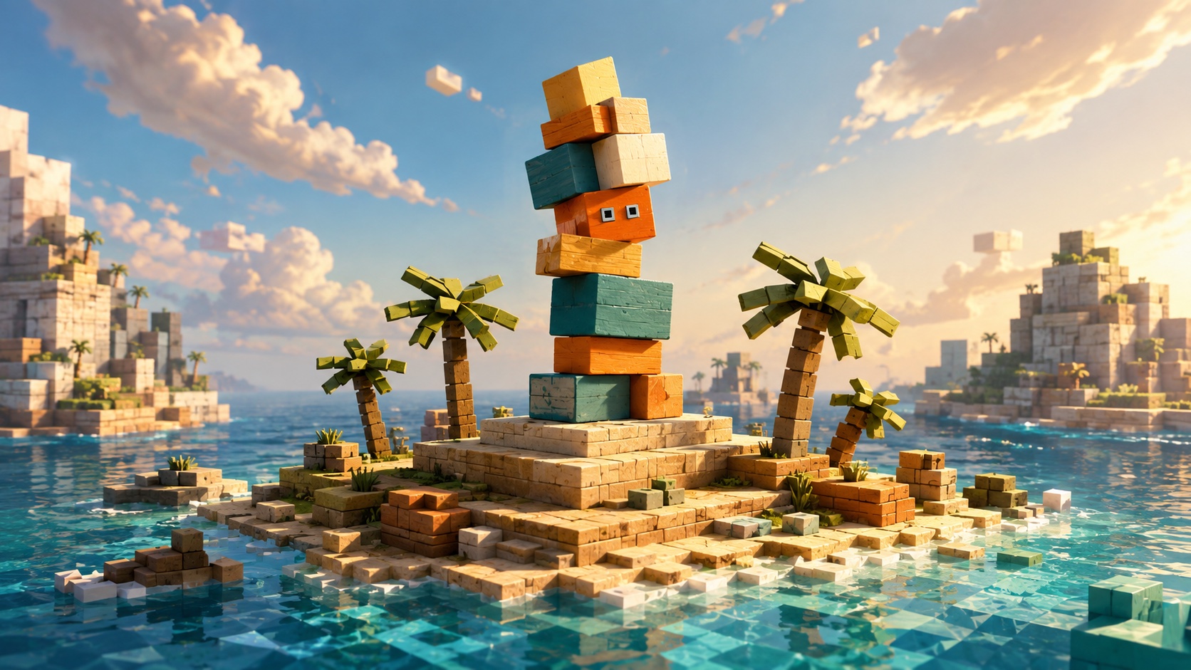 A wobbly block tower on a sunlit geometric island